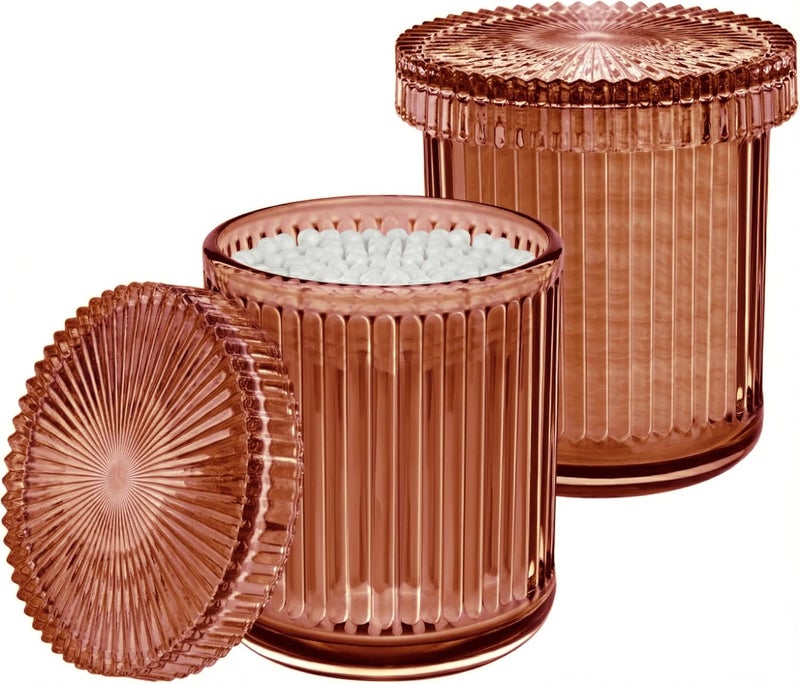 2 Pack Qtip Holder - Apothecary Jars with Lids, Bathroom Organizers and Storage Canister for Cotton Balls,Swabs,Floss Picks,Hair Ties,Clear Glass Vintage Bathroom Decor Jar Set (Brown)